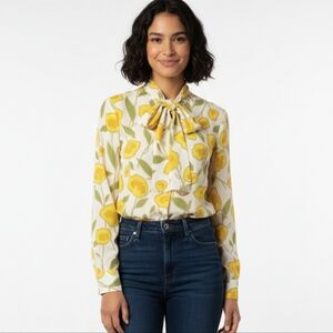 ​VTG Fritzi of California Yellow Floral Tie-Neck Bow Blouse Small Retro 70s